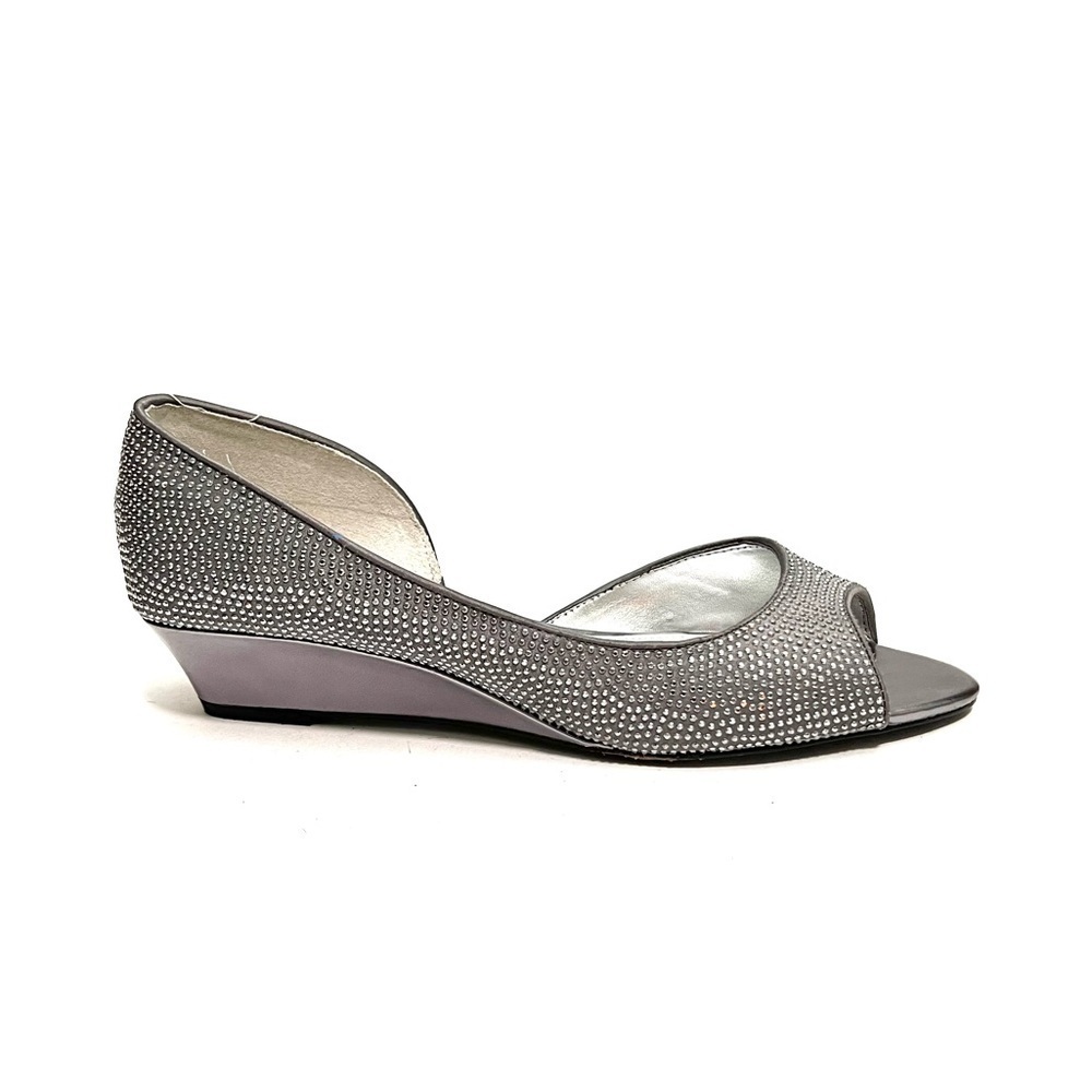 Vintage Y2K gray satin rhinestone d’Orsay wedge heels
